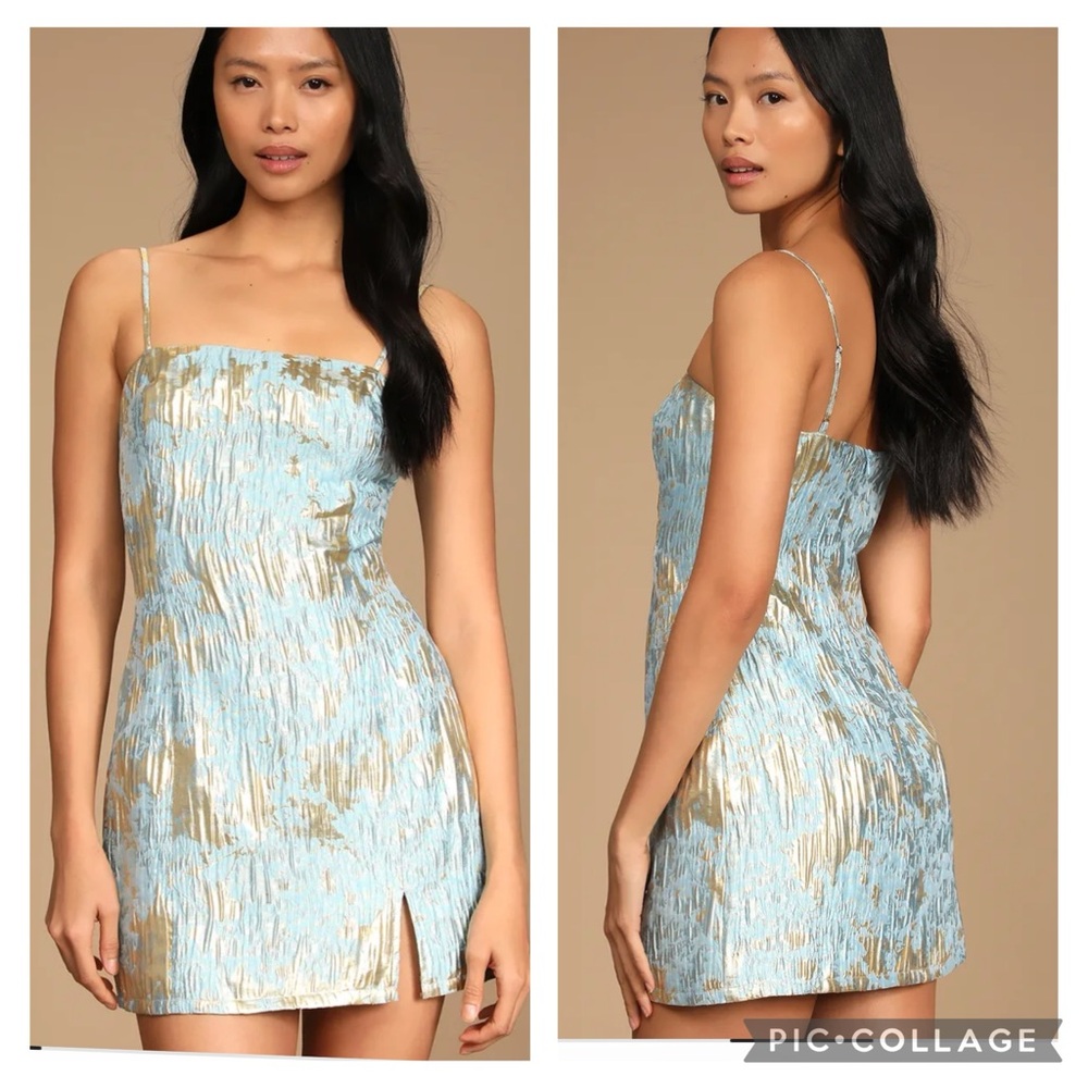 NWT Lulu’s Sweetest Sensation Light Blue and Gold Jacquard Mini Dress size Med